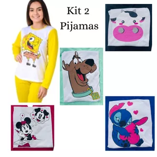 PROMOCAO 2 Pijamas Inverno Longo Adulto Malha Feminino