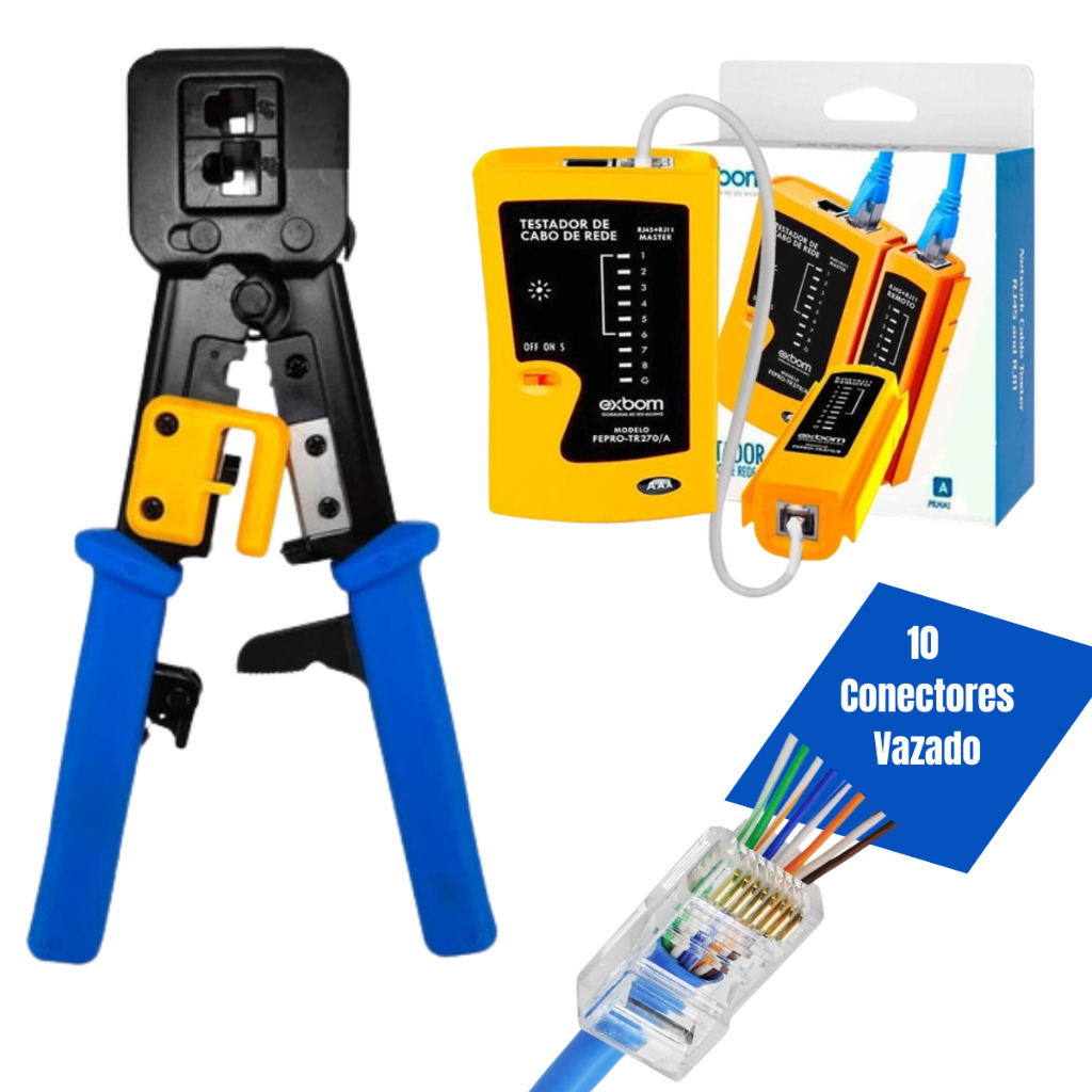 Alicate de Crimpar Rj45 + 100 Conectores Rj45 Vazado + Testador de Rede ...