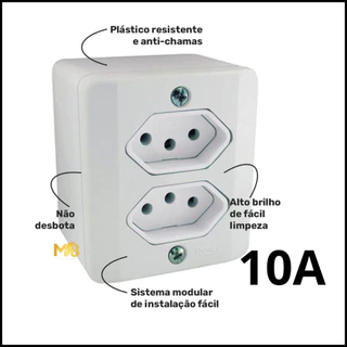 Conjunto Tomada Sobrepor Dupla 10A Radial Linha R Sistema X Externa Caixa de Tomada BRANCA