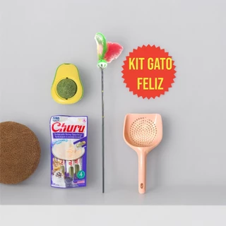 Kit Gato Feliz 4 Itens Petisco Churu vários Sabores Vara Com Guizo Pazinha Abacate com Catnip