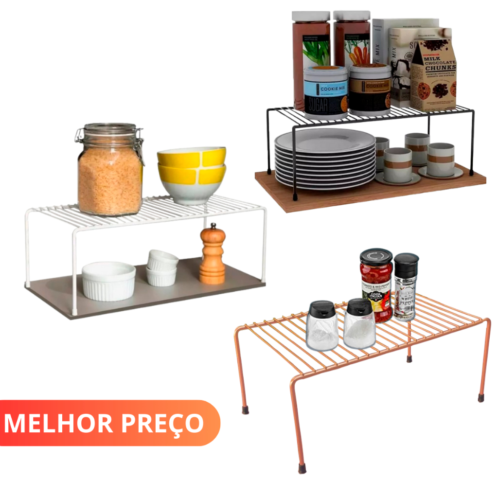 Organizador Armário Cozinha Prateleira Aramado Aço 32cm Branco Preto e Rose