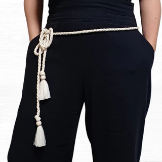 Cinto Feminino Cordão Algodão Trançado Creme Com Franja e Resina nas Pontas