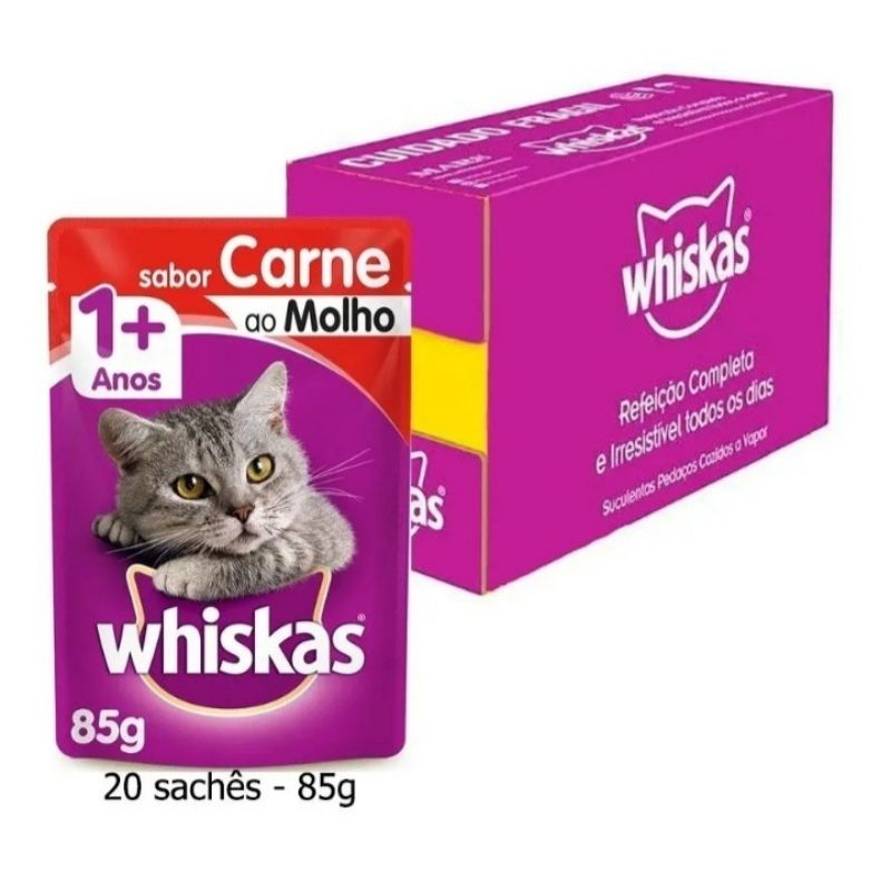 Caixa 20 saches whiskas carne 85gr.