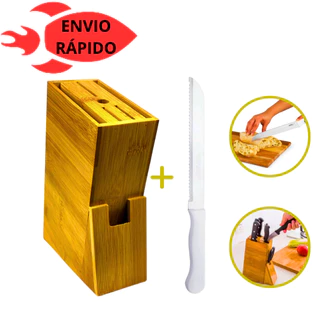 Kit 2 Peças Composto Por Cepo de Bambu e Faca Pão Cabo Branco Cepo Madeira
