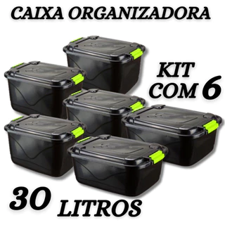 Kit 6 Caixas Organizadoras 30l Grande C/Tampa e Trava Organizador para Brinquedos Multiuso