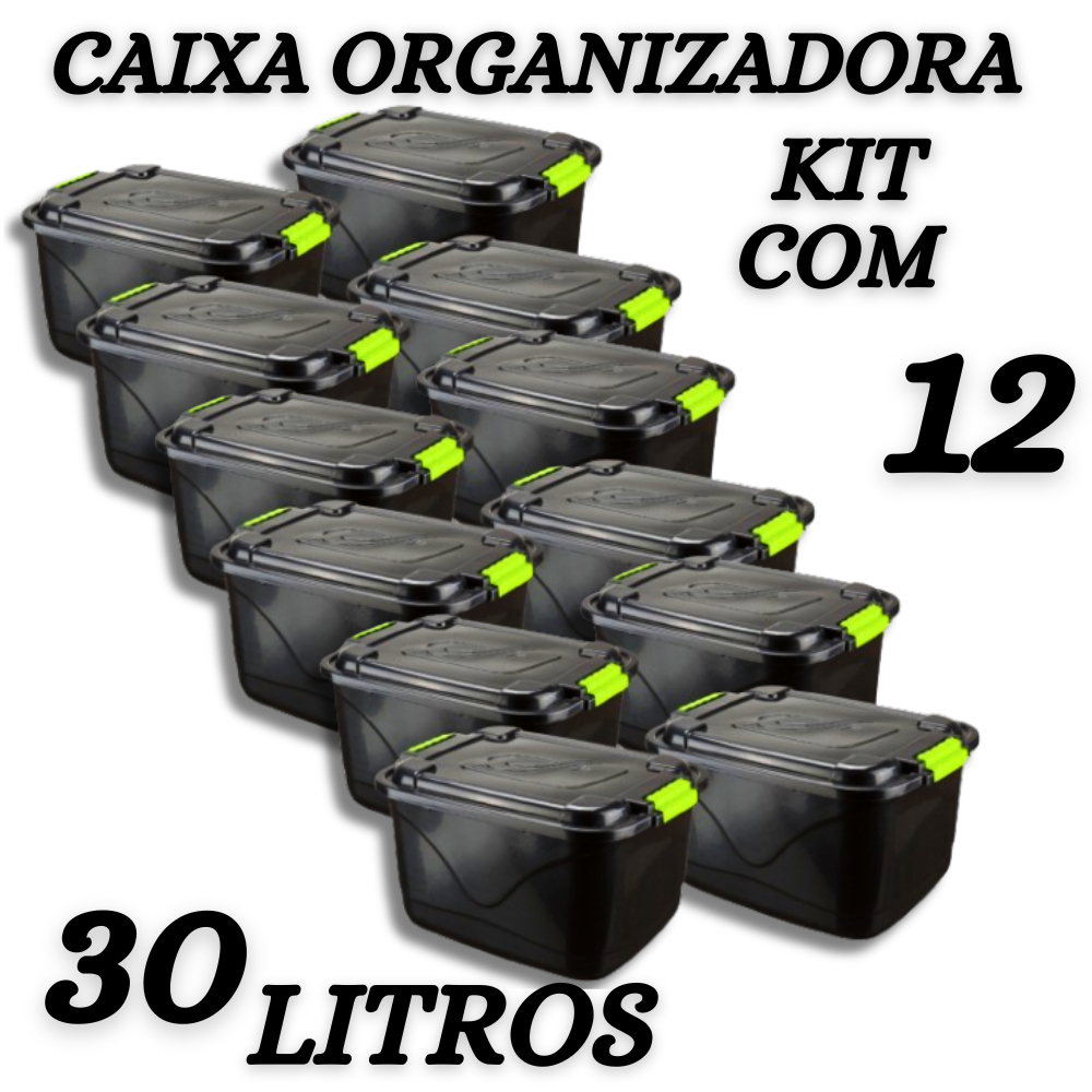 Kit 12 Caixas Organizadoras 30l Grande C/Tampa e Trava Organizador para Brinquedos Multiuso