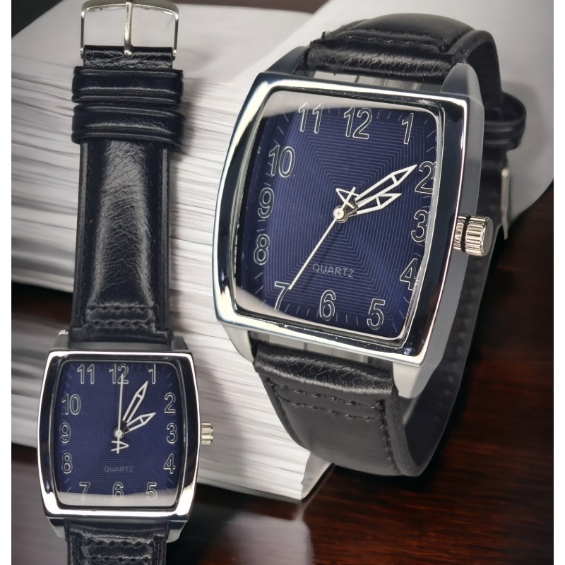 Relógio Masculino Social Elegante Quadrado Pulseira de Couro Preto Mostrador Azul