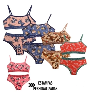 5 Conjuntos Top Sem Bojo e Calcinha Infantil Pré Adolescente Estampados Calcinha e Sutiã Microfibra
