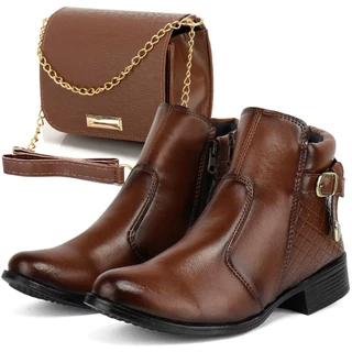 Bota Coturno Feminina Cano Curto Saltinho Baixo com Ziper Botinha com Bolsa transversal Melhor Preço