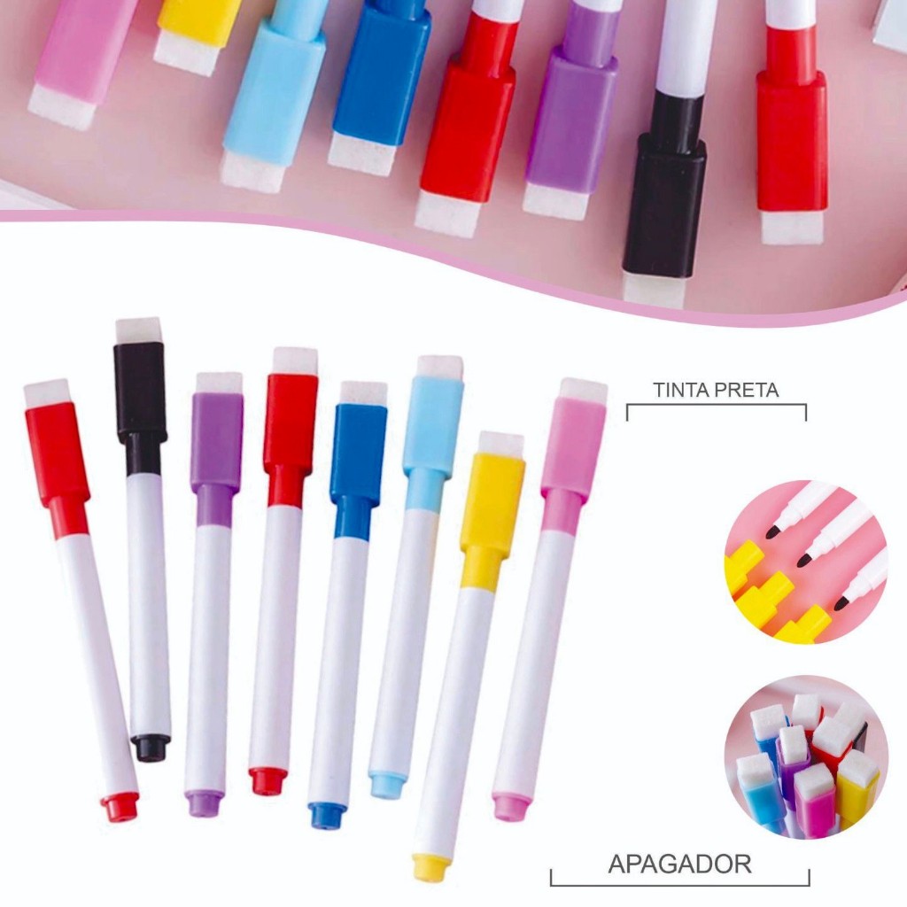 50 Canetas Para Quadro Branco Com Tampa Colorida e Apagador - Tinta Preta