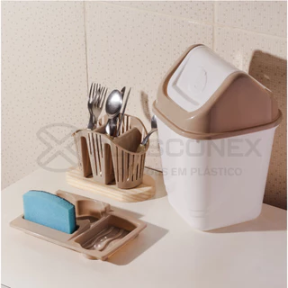 Kit Cozinha Pia Lixeira + Porta Sabão + Escorredor de talher 3 peças Completo - Plasconex