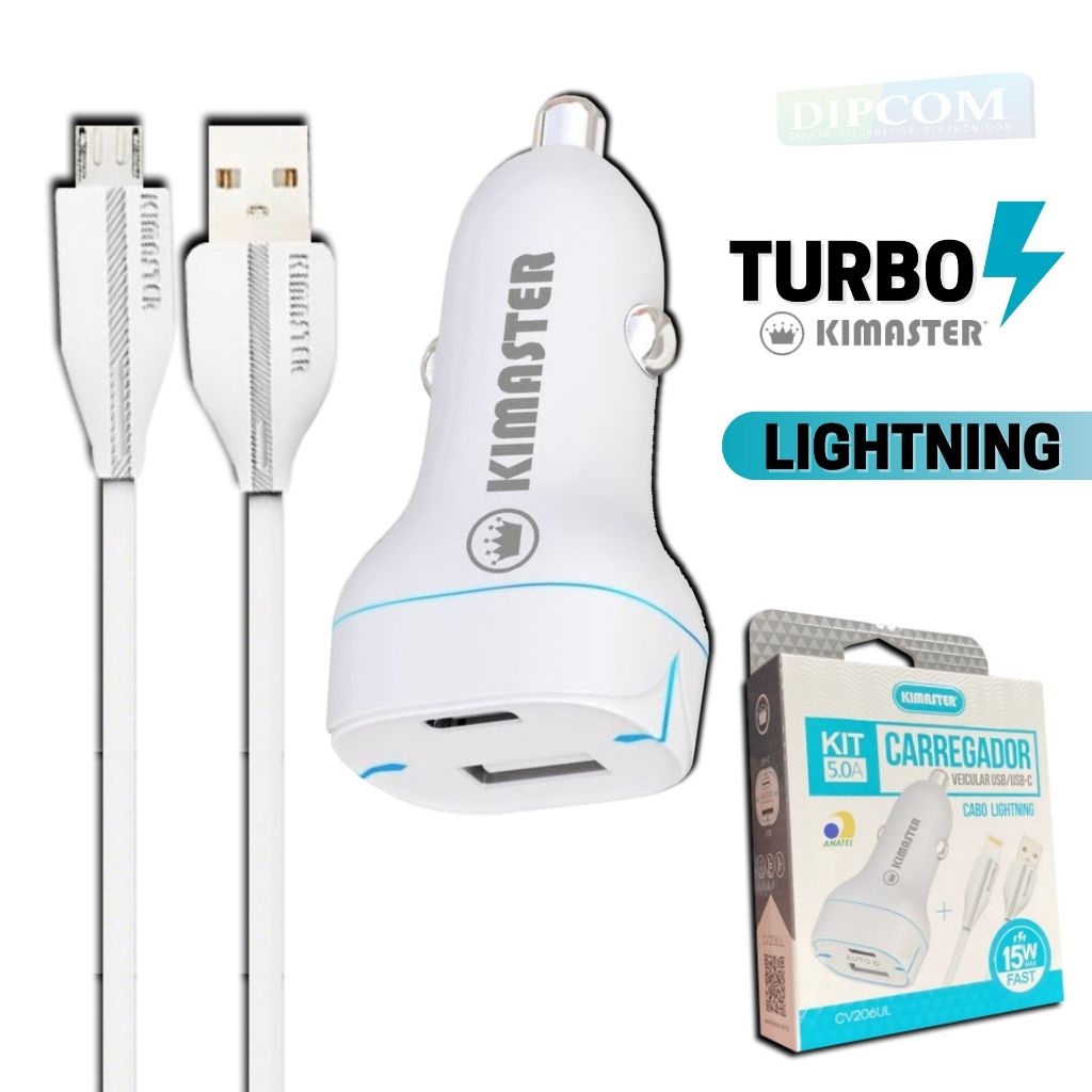 Carregador Veicular Fonte Turbo Usb Type C E Cabo Lightning Original