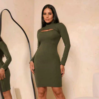 Vestido Midi Tubinho Canelado Ana Ruga Manga Longa Decote Na Frente