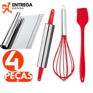 Kit 4 Utensílios Rolo de Massa Espátula e Raspador Inox Pincel Culinário de Silicone Batedor de Ovos e Claras Fouet de Inox e Silicone Uso Diário
