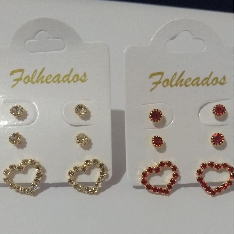 Kit Trio 06 Pares Brinco Folheado Dourado/ Perola e Strass Feminino o