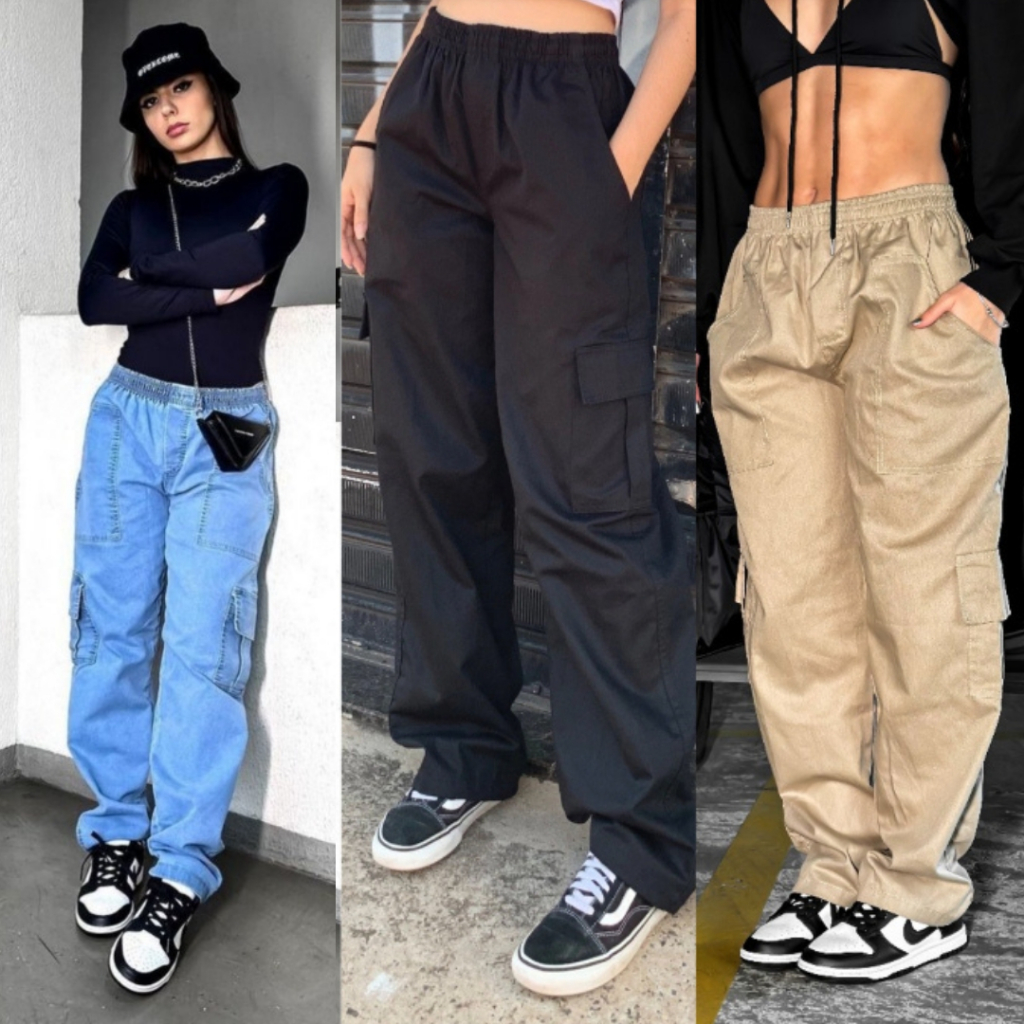 Calça Cargo Sarja Larga Caqui Preta Branco Azul Jeans Skate Unissex Streetwear