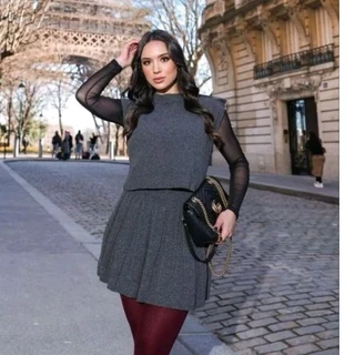 Conjunto saia colegial + colete tricot outono inverno | saia plissada