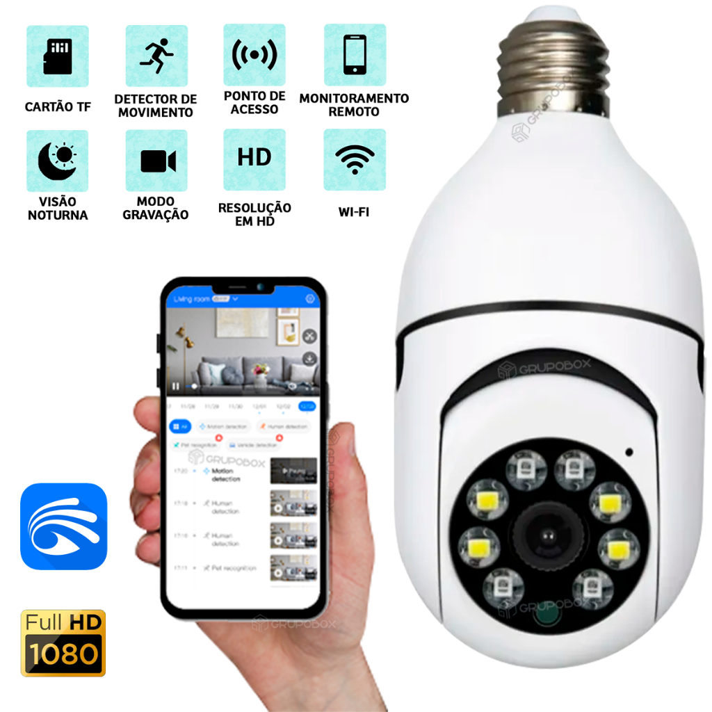 C&acirc;mera L&acirc;mpada Seguran&ccedil;a WiFi Sem Fio 360 IP Full HD, PTZ Vis&atilde;o Noturna -  BIVOLT | Shopee Brasil