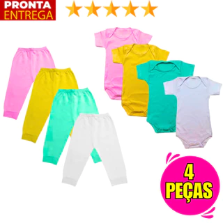Kit 4 Peças Mijao E Body Bebe Manga Curta Menina E Menino