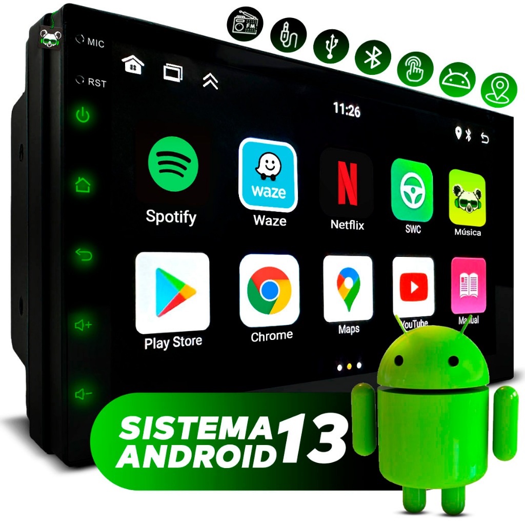 Central Multimidia Android 13 2GB 7 Pol 2 Din Espelhamento USB GPS Bluetooth