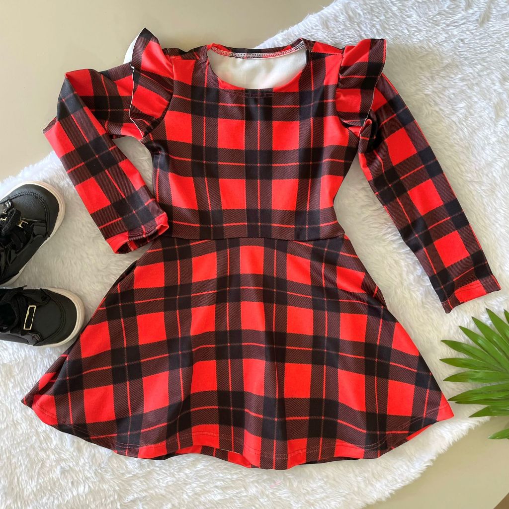 Vestido Infantil Xadrez Inverno Festa Junina Manga Longa Malha