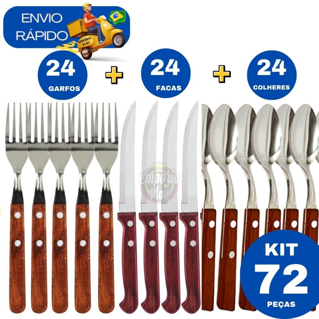 Kit 72 Peças Jogo de Talher 24 Colher 24 Garfo 24 Faca de Inox com Cabo ...