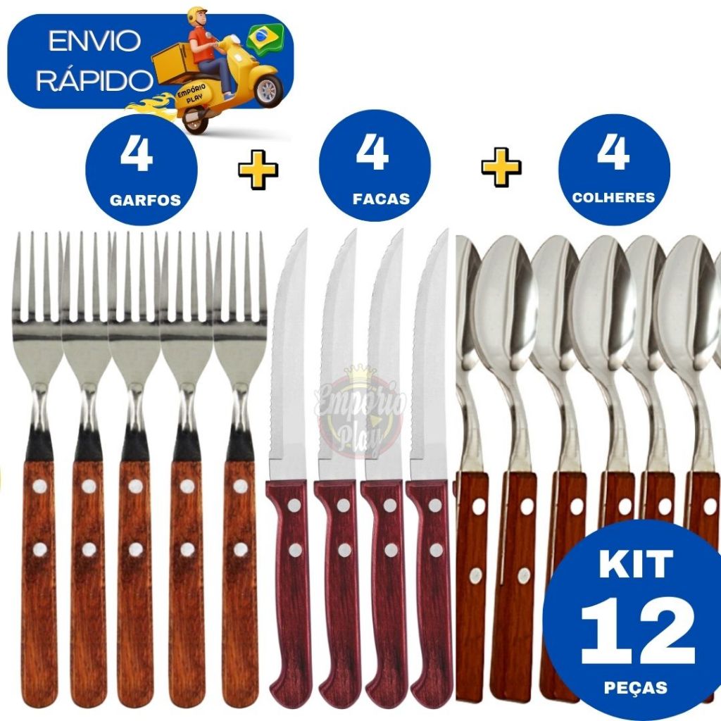 Kit 12 Peças Jogo de Talher 4 Colher 4 Garfo 4 Faca de Inox com Cabo de Madeira Faqueiro Jogo Conjunto