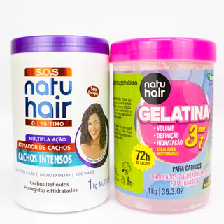 Kit Definição Ativador de Cachos NatuHair S.O.S Cachos Intensos 1kg + Gelatina 3 em 1 Natuhair 1KG