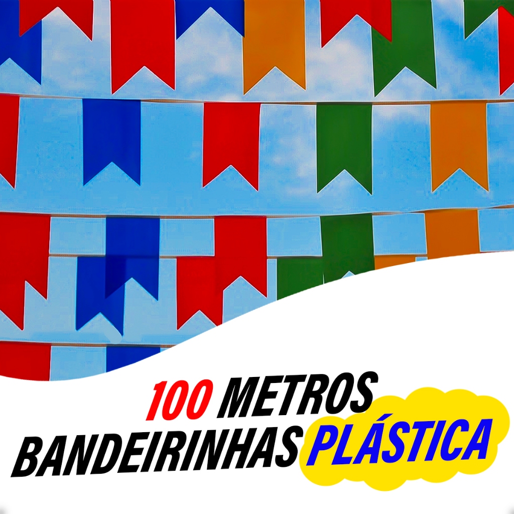 Kit com 100 Metros de Banderinha Plástica Festa Junina Arraial Decoração