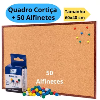 Quadro De Aviso Cortiça 60x40cm Moldura Madeira + 50 Alfinetes Mural Fotos Lembretes