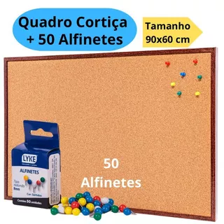 Quadro De Aviso Cortiça 90x60cm Moldura Madeira + 50 Alfinetes Mural Fotos Lembretes