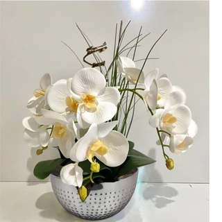 Arranjo Completo para Mesas Orquídea de Silicone - Vaso Aquário Redondo Metalizado Rosé Gold/Dourado Inox Prata/ Vaso de Vidro Decorativo