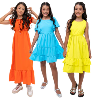 Kit 3 Vestidos Infantil Infanto Juvenil Cor lisa Menina Promoção