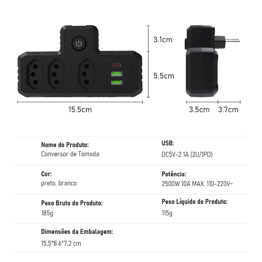 Extensão Tomada, Régua Tomada, Régua de Energia, Adaptador Tomada, 3 Tomadas, 2 Interfaces USB, 1 Porta USB Tipo-C