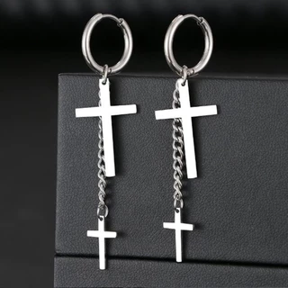 Par de Brincos Argola com Cruz Masculino Feminino Aço Inoxidável Prata