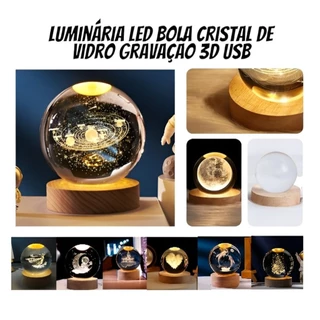 Bola de Cristal de Vidro Luminaria Led Luz Noturna 8cm Gravura 3D Carrega Cabo Usb 3W Base Madeira