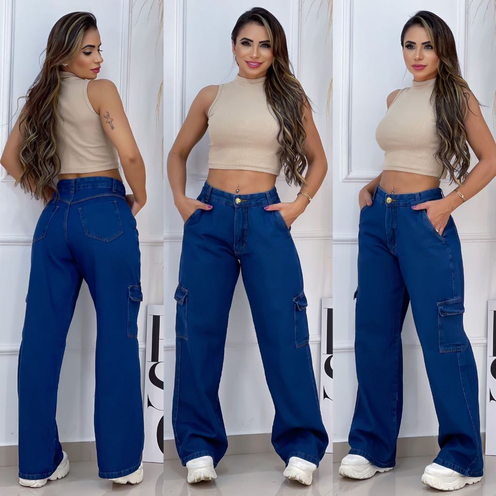 Calça Cargo Jeans Feminina Wide Leg Cintura Alta Levanta Bumbum ...
