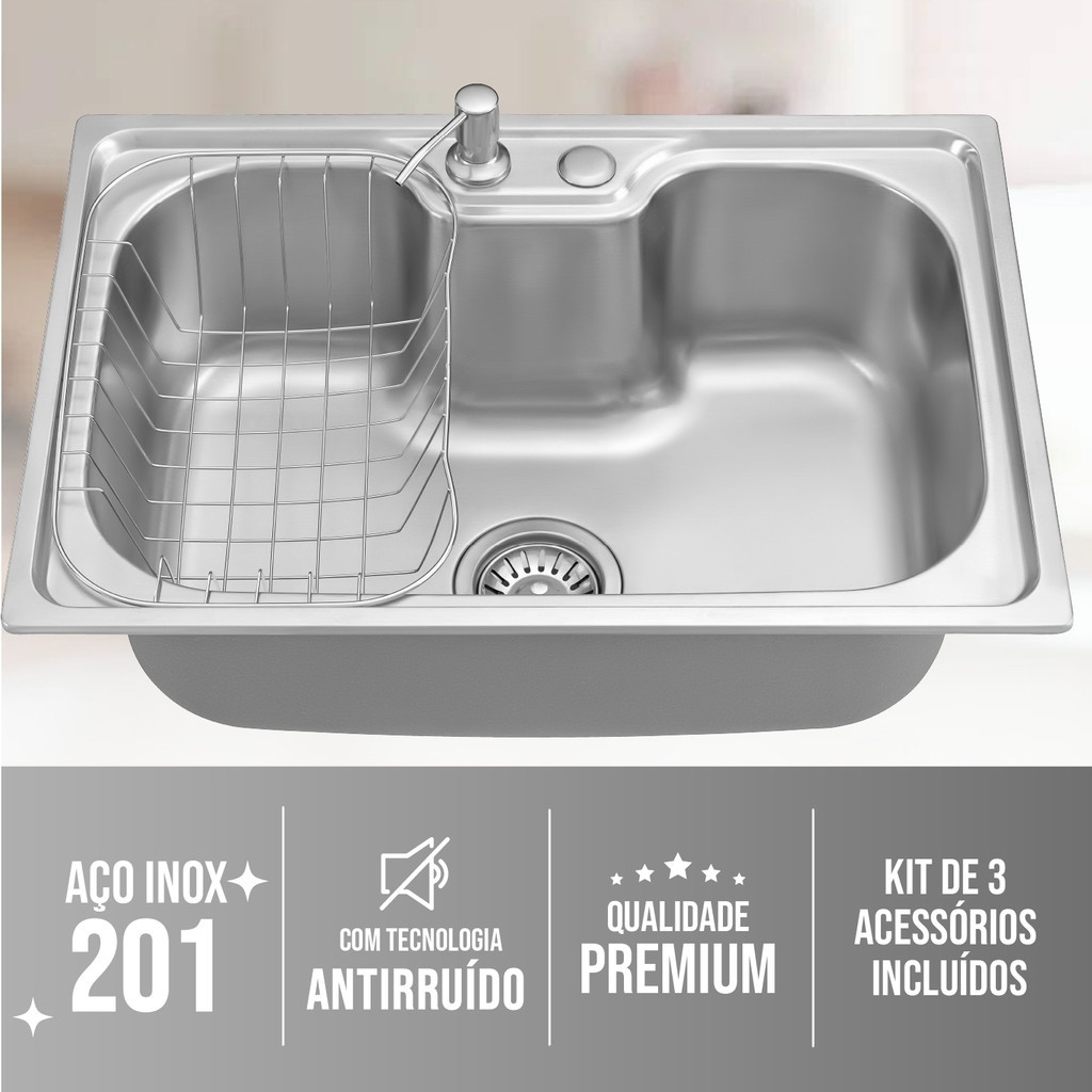 Cuba Para Cozinha Com Acessórios, 40x50x20 cm, Gourmet, Com Borracha Anti-ruído, Aço Inox Escovado, Inclui Cesto Escorredor