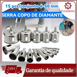 Kit 15 Serra Copo brocas diamantadas 6 A 50 mm furar Vidro Ceramica marmore porcelanato garrafa jogo ferramentas