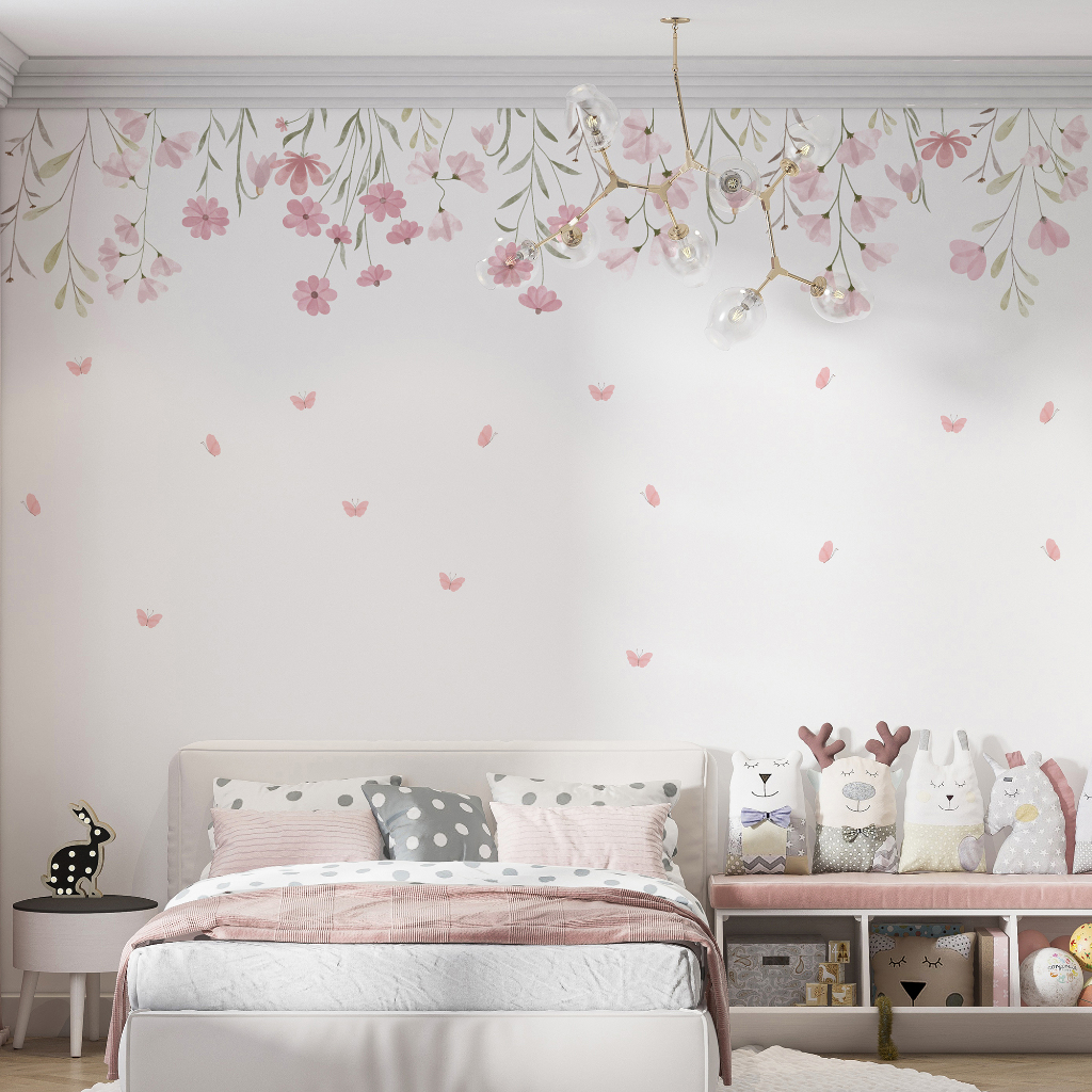Adesivos Jardim Flores Pendentes E Borboletas Aquarela Rosa SEM FUNDO quarto de menina delicado jardim encantado