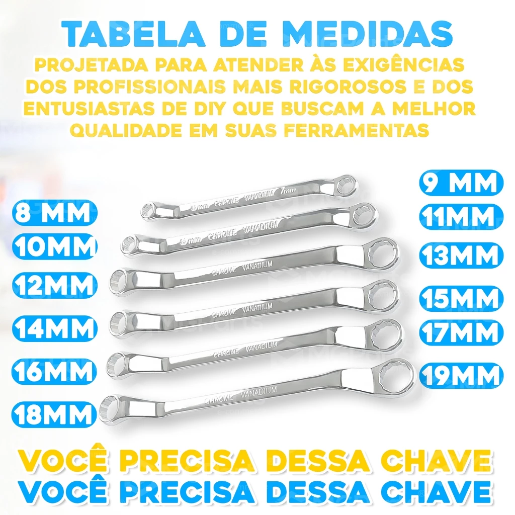 Chave Estrela Profissional Cromo Vanádio Diversos Tamanhos 8 a 19mm Boca Estriadas Combinada Cromada
