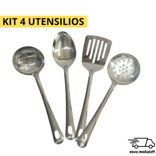 Kit 4 Peças Utilidades INOX para Cozinha Escumadeira Espatula Colher de Arroz Concha Cozinha Comida