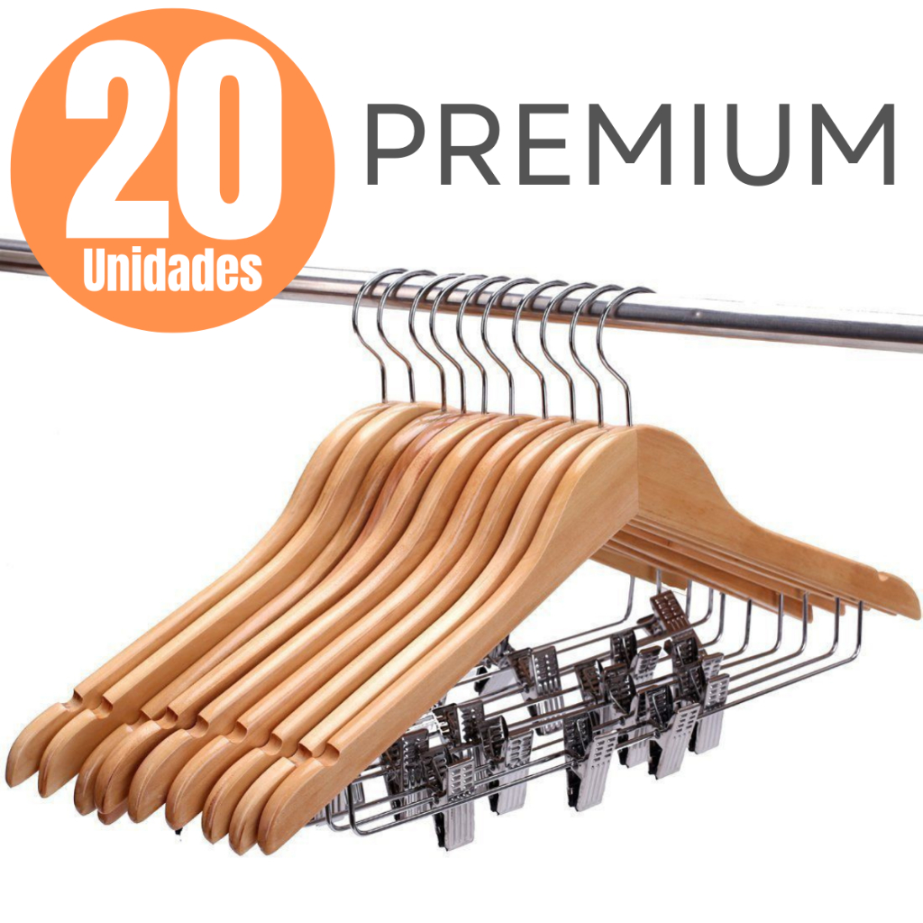 Kit 20 Cabides Madeira Com Presilha Adulto Saia Vestido Calça Bermuda ...