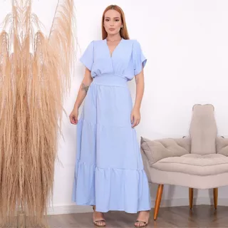 Liny Style Vestido Longo Feminino 3 Marias Decote V Manga Curta E Elástico Na Cintura Modelo Festa