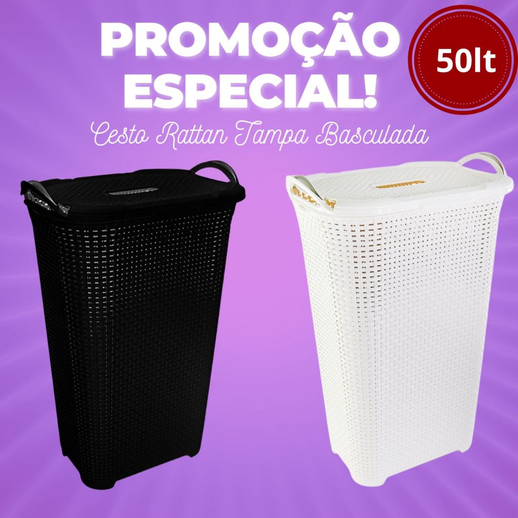 Cesto de Roupas Sujas Rattan c/Tampa Basculante Alças Organizador ...