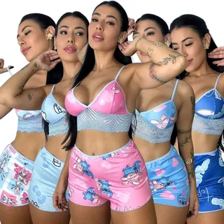 Kit 10 Conjunto Short Doll Curto Pijama de Dormir Estampado Feminino Personagem Sem Bojo com Alça Cropped Virginia
