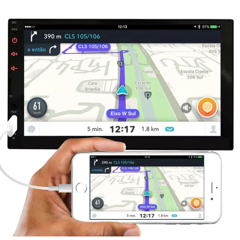 Central Multimídia Carplay 1 Din 7 Polegadas MP5 Bluetooth USB/AUX/TF Mirrorlink Com Tela De Toque