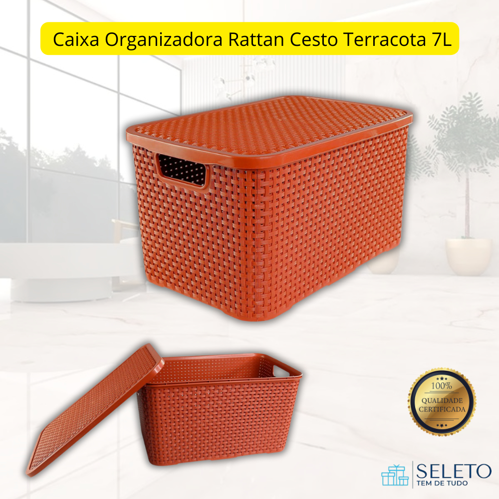 Caixa Cesto Organizadora Multiuso Decorativo Rattan Terracota Com Tampa