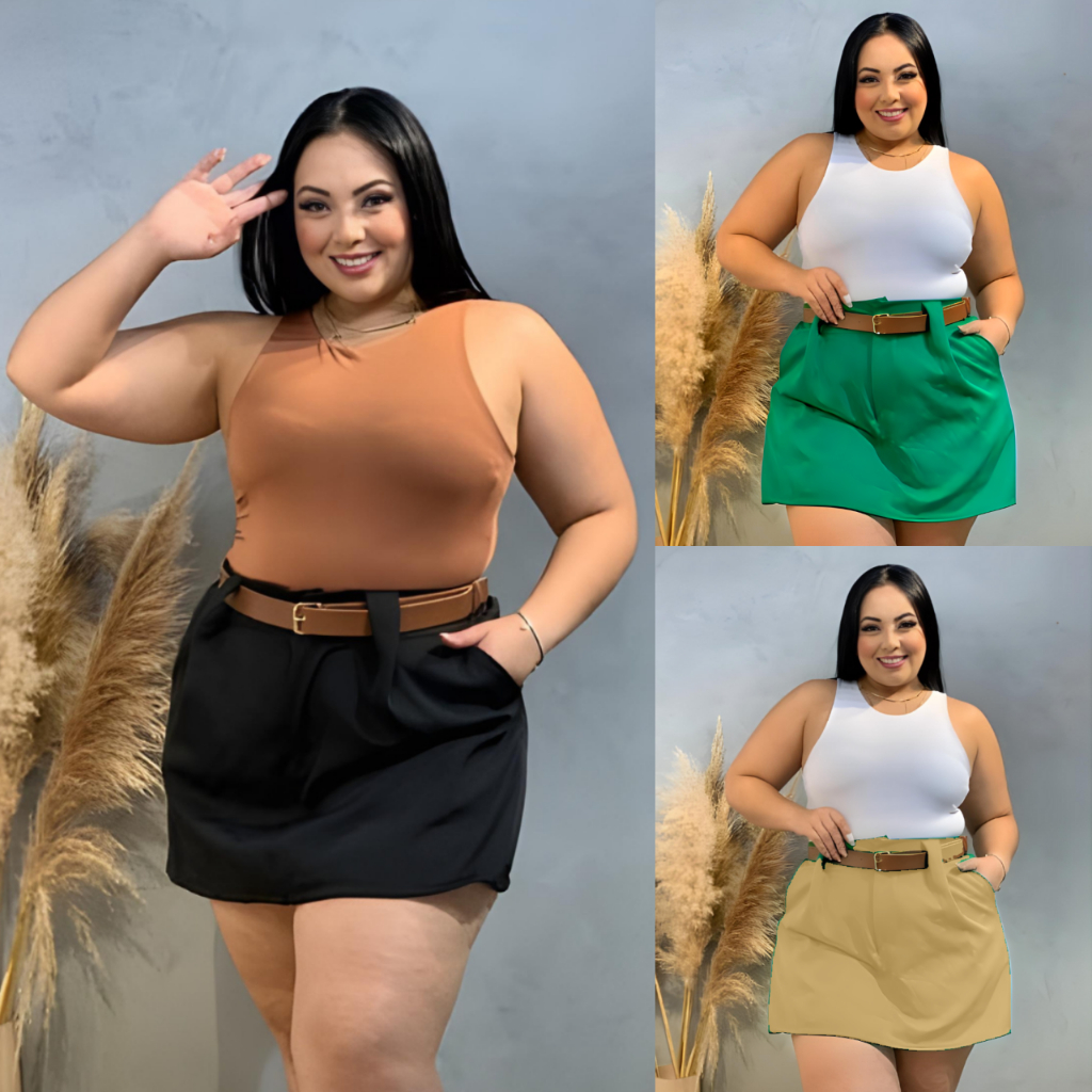 Short Saia Plus Size Alfaiataria Com Cinto Tamanho 36 Ao 58 | Shopee Brasil