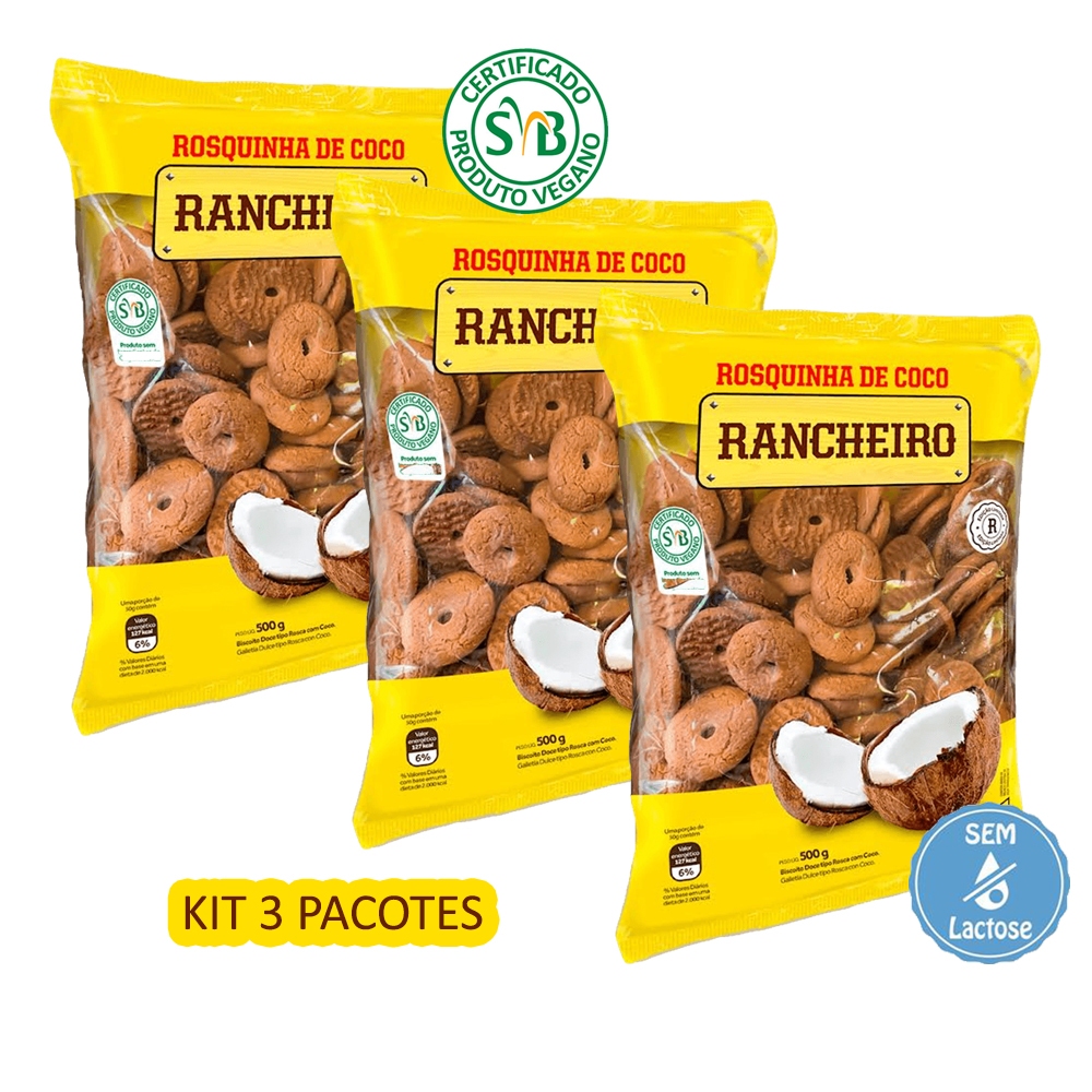 Biscoito Rosquinha de Coco Rancheiro Vegano sem Lactose 500g - Kit com ...